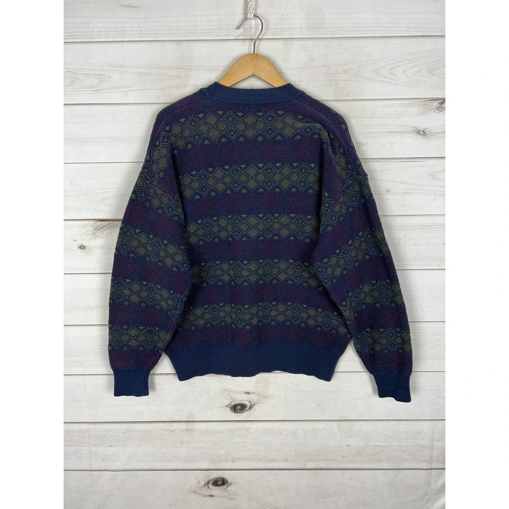 Vintage Claiborne Sweater Mens Medium Blue Geometric Knit Cardigan Australia 90s - Picture 2 of 7